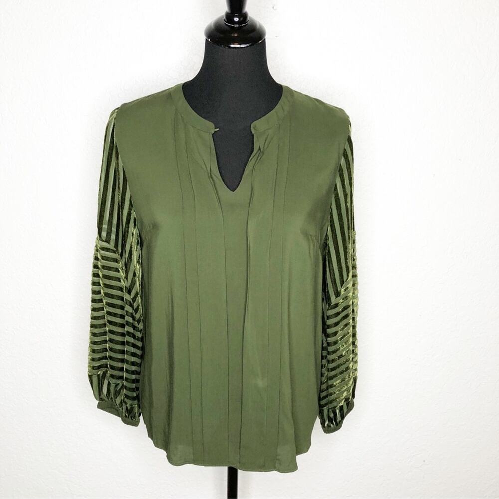 Soft Surroundings Moonstone dark sage velvet striped sleeve top size Small NWT
